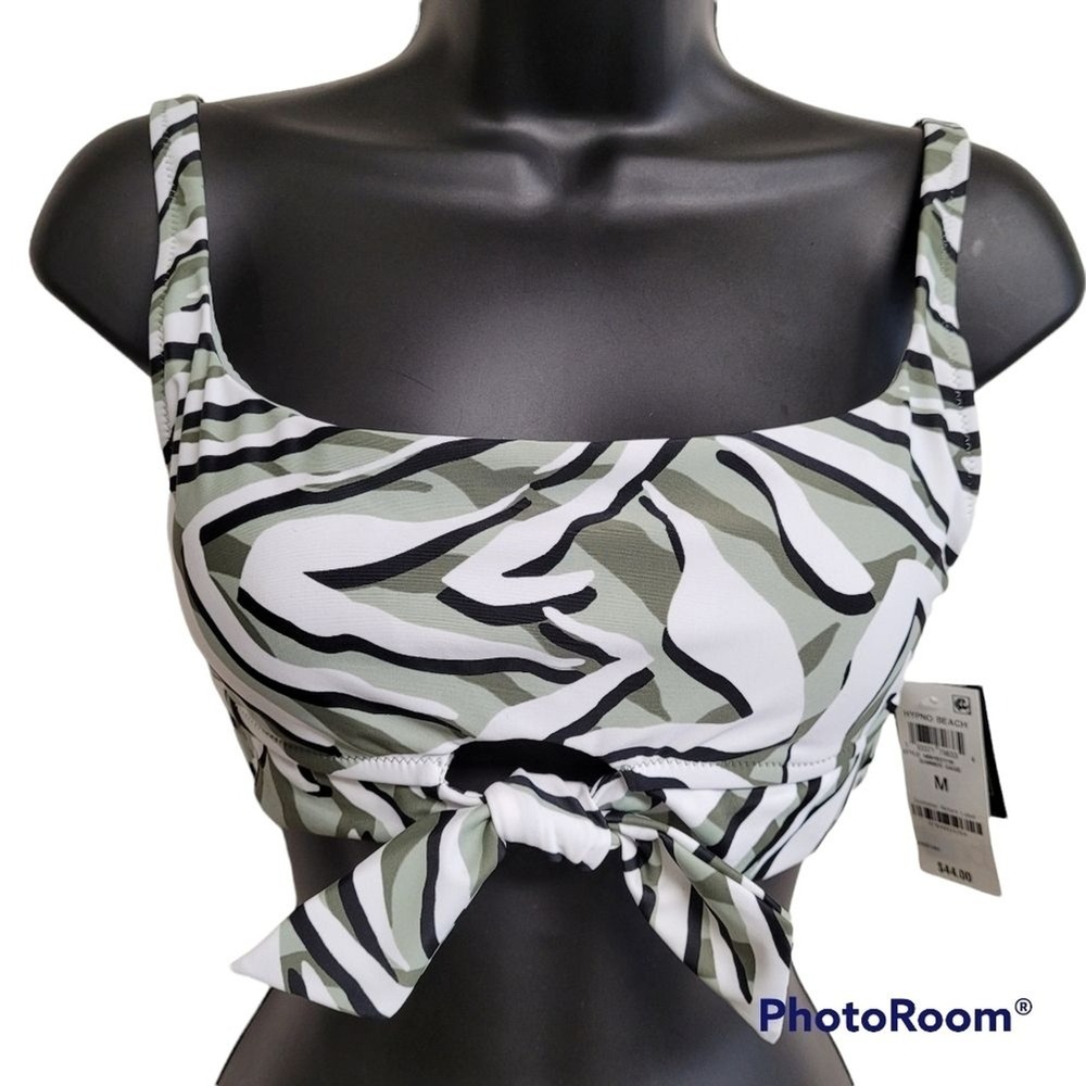 Bar III Sage Green And White Hypno Beach Bikini Tie Back Top Size Medium Nwt